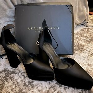 Black satin platform heels